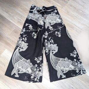 NWOT New Wide Leg Pants Bottoms Sakura Flower Floral Koi Fish Black Beige